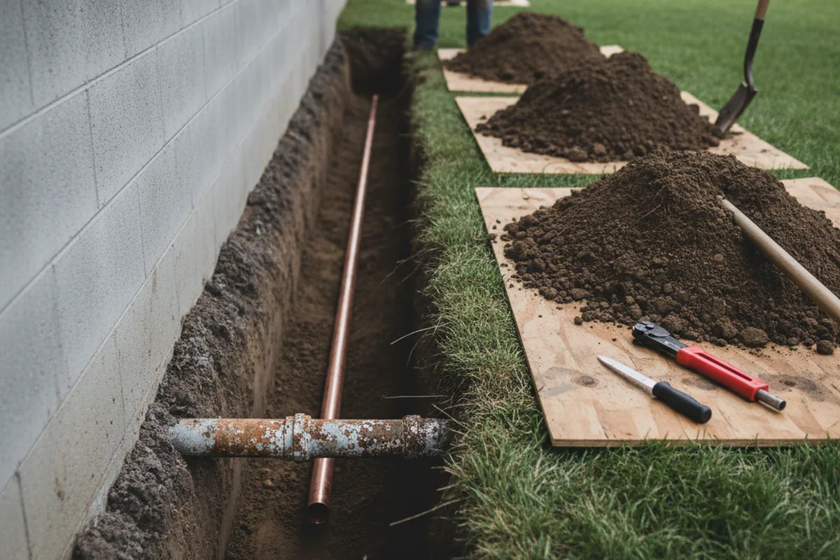 Excavated water line trench during Sewer Line Repair in Maryknoll